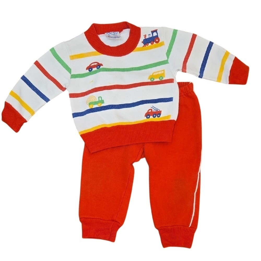 Little Guys by‎ Llco Vintage Boy 12 Month Sweater Pants Matching Set Cars Trains